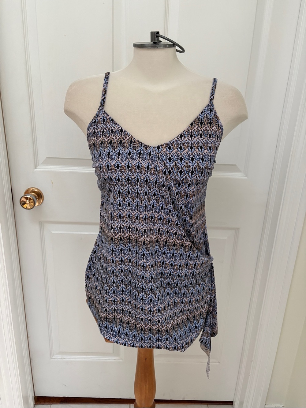 La Vie En Rose Printed V-Neck Camisole style Tankini top in Blue and Tan